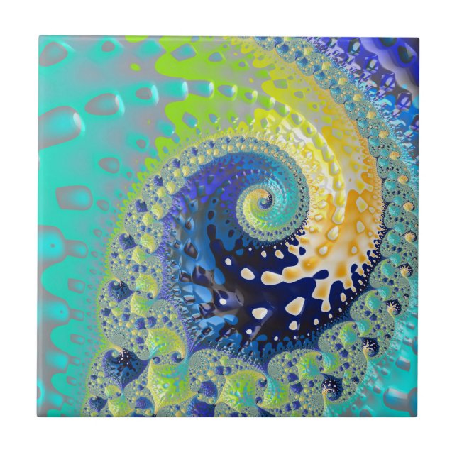 Aqua Cobalt och Gult Spiral Fractal Abstrakt Kakelplatta (Framsidan)
