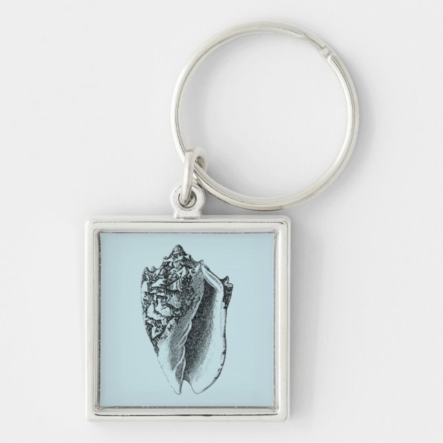 Aqua Conch-Snäcka Fyrkantig Silverfärgad Nyckelring (Framsidan)