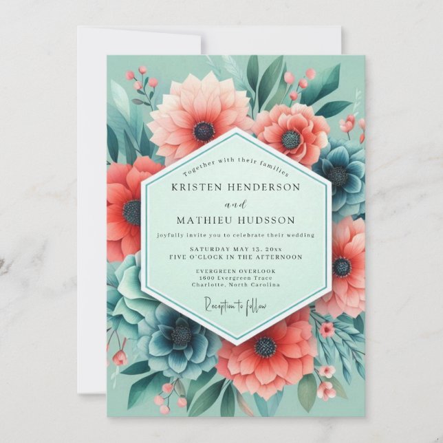 Aqua Coral Artistic Bloom Wedding Inbjudningar (Framsida)