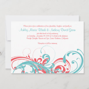 Aqua Coral Blommigt Destination Wedding-inbjudan Inbjudningar