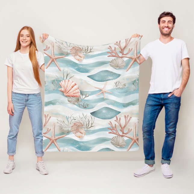 Aqua Coral Botanisk Kustmönster Fleecefilt (På plats)