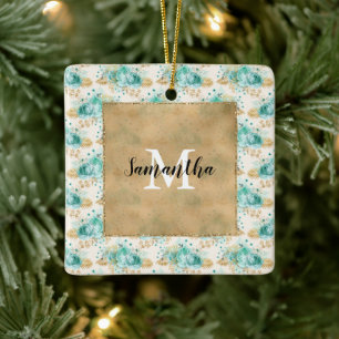 Aqua Cream Guld Blommigt Black Monogram Julgransprydnad Keramik