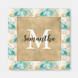 Aqua Cream Guld Blommigt Black Monogram Magnet