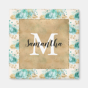 Aqua Cream Guld Blommigt Black Monogram Magnet