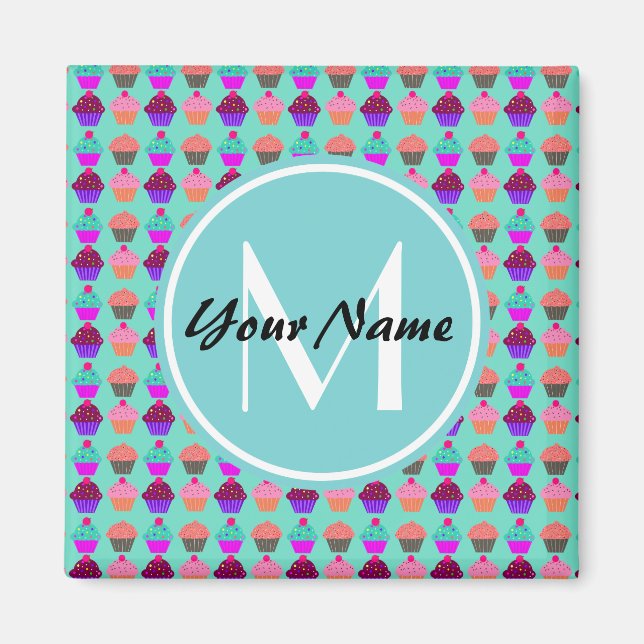 Aqua Cupkaka Personlig Monogram Magnet (Framsidan)