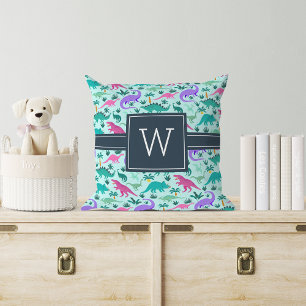 Aqua Cute Colorful Dinosaur Mönster Kid Monogram Kudde