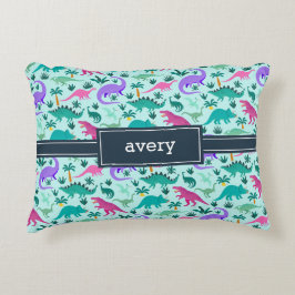Aqua | Cute Colorful Dinosaur Mönster Kids Namn Prydnadskudde