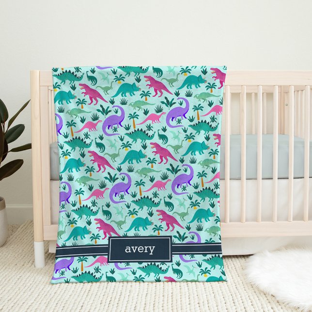 Aqua | Cute Colorful Dinosaur Pattern Kids Name Fleecefilt (Skapare uppladdad)