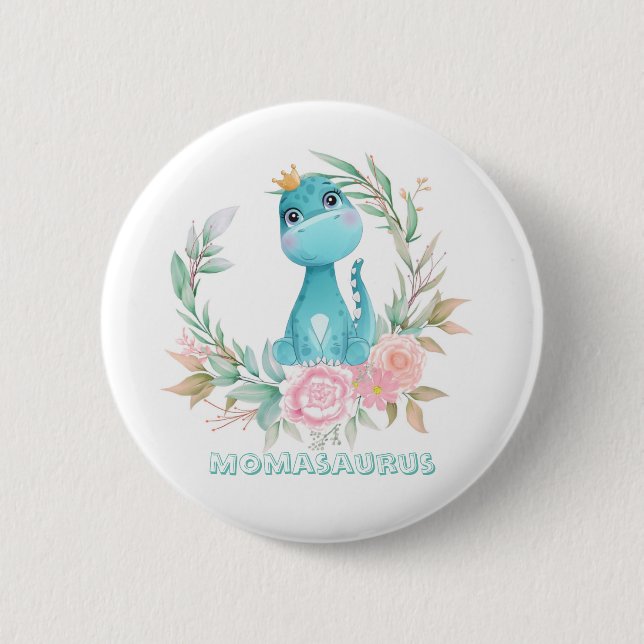 Aqua Cute Dinosaur Peony Momasaurs Baby Shower Knapp (Framsida)
