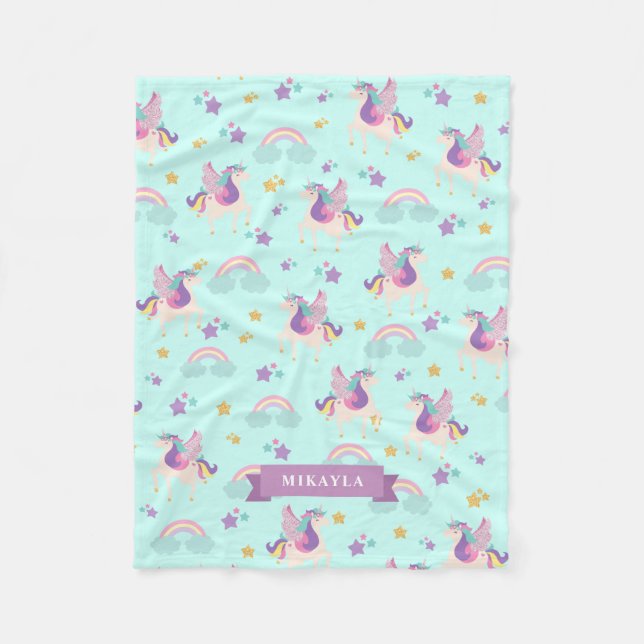 Aqua | Cute Rainbow Unicorn Mönster Fleece Blanket (Framsidan)