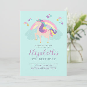 Aqua Cute Rainbow Unicorn Personlig Birday Inbjudningar