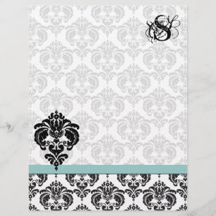 Aqua Damask Monogram Letterhead