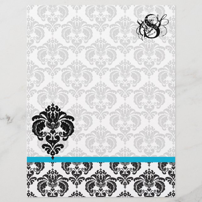 Aqua Damask Monogram Letterhead (Framsida)