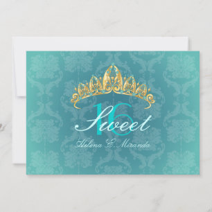 Aqua Damask Sweet 16/ tiara/turkos inbjudan