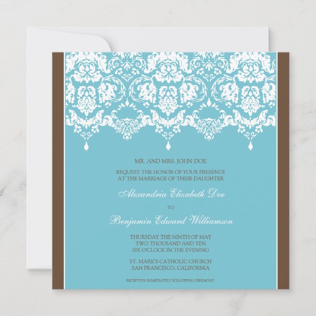 Aqua Darling Damask Snöre Square bröllopsinbjudnin Inbjudningar (Framsida)