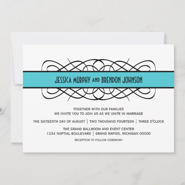 Aqua Deco Flourish Wedding bjudes in Inbjudningar (Framsida)
