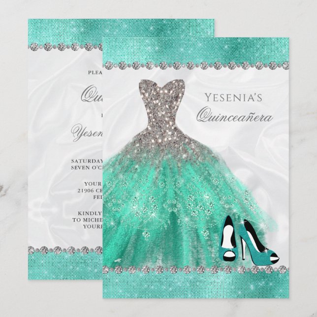 Aqua Diamond Gnistra Glitter Quinceañera Inbjudningar (Fram/baksida)
