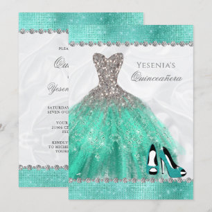 Aqua Diamond Gnistra Glitter Quinceañera Inbjudningar