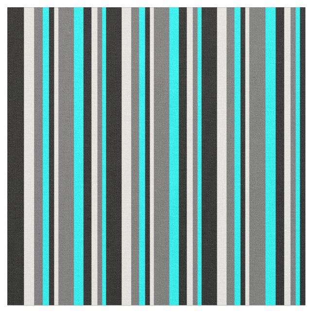 Aqua, Dim Grått, White och Black Färgad Rand Tyg (Närbild)