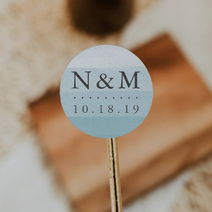 Aqua Dip Dye Watercolor Bröllop Monogram Runt Klistermärke