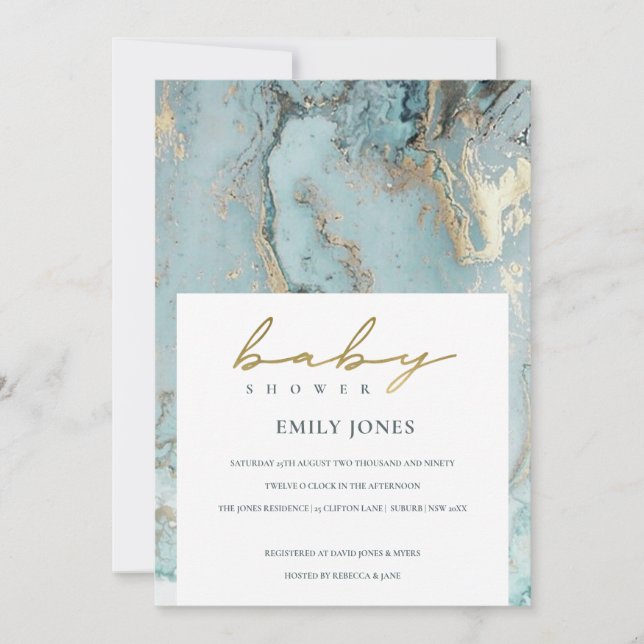 AQUA DUSKY BLUE GULD AGATE BABY SHOWER INBJUDAN (Framsida)