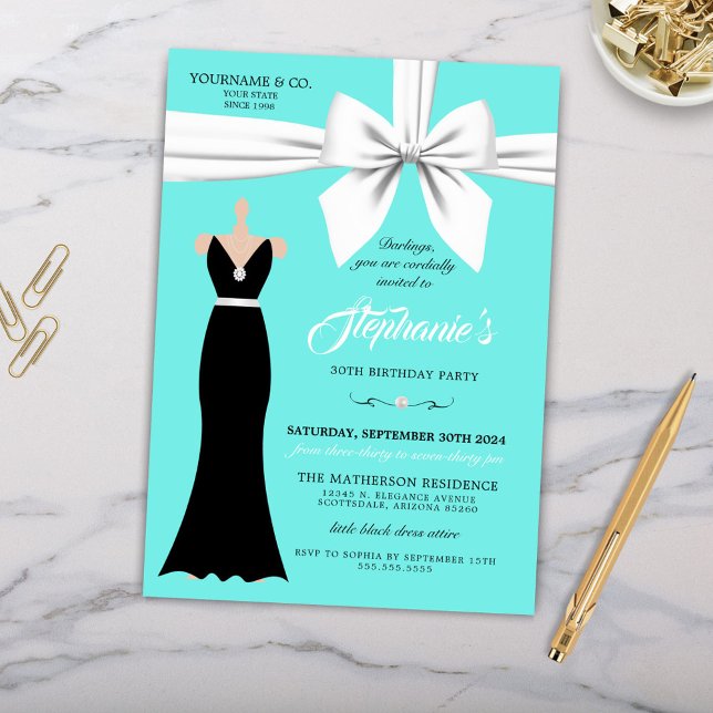 Aqua Elegant Mode Tiffany Birthday-inbjudan Inbjudningar (Elegant Little Black Dress Aqua Teal Blue Tiffany Theme Birthday Invitation with White Bow Pearls)