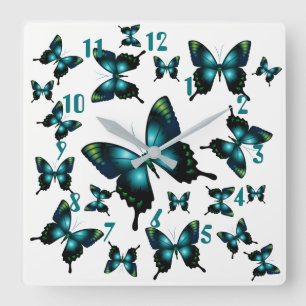 Aqua Elegant Whimsical Butterflies Fyrkantig Klocka
