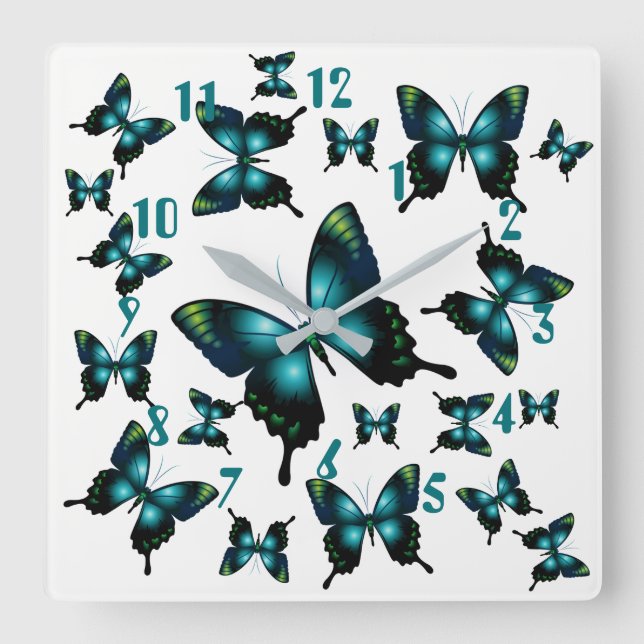 Aqua Elegant Whimsical Butterflies Fyrkantig Klocka (Framsida)