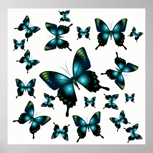 Aqua Elegant Whimsical Butterflies Poster (Framsidan)