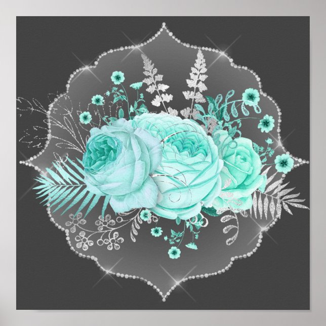 Aqua Fantasy Blommigt Poster (Framsidan)