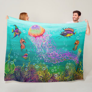 Aqua Fantasy Scene med Jellyfish Fleece Blanket