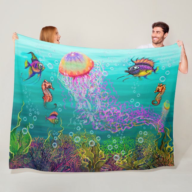 Aqua Fantasy Scene med Jellyfish Fleece Blanket (På plats)