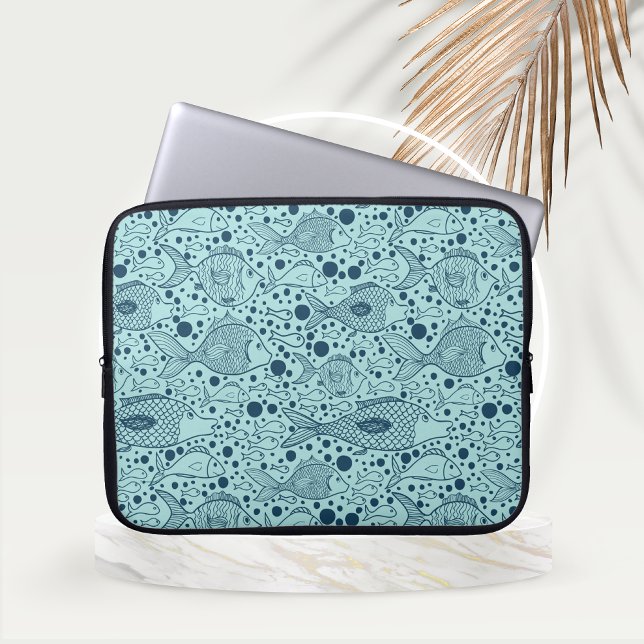 Aqua Färgad Ocean Fish with Bubbles Laptop Fodral (Aqua Colored Ocean Fish Laptop Sleeve)