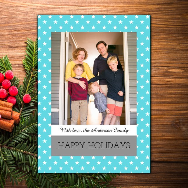 Aqua Festive Stars Helgdag Photo Flat Card Julkort (Aqua Festive Stars Holiday Photo Card)