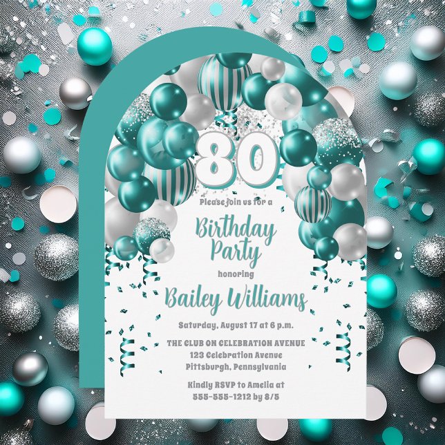 Aqua Firande-ballonger 80:e Födelsedagsfesten Inbjudningar (Aqua Celebration Balloons "80" 80th Birthday Party Invitation - Print | Digital Download)