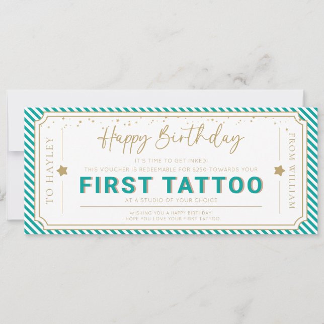 Aqua First Tattoo Födelsedagspresentkupong Inbjudningar (Framsida)