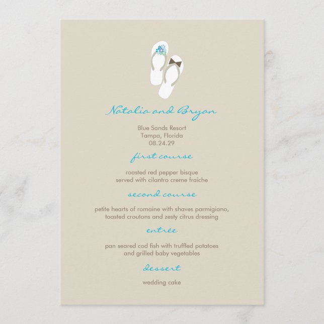 Aqua Flinflip flops Beach Wedding Menu Card Meny (Framsida)