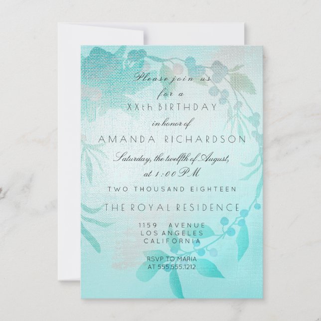 Aqua Floral Persika Kraft Födelsedag Inbjudningar (Framsida)