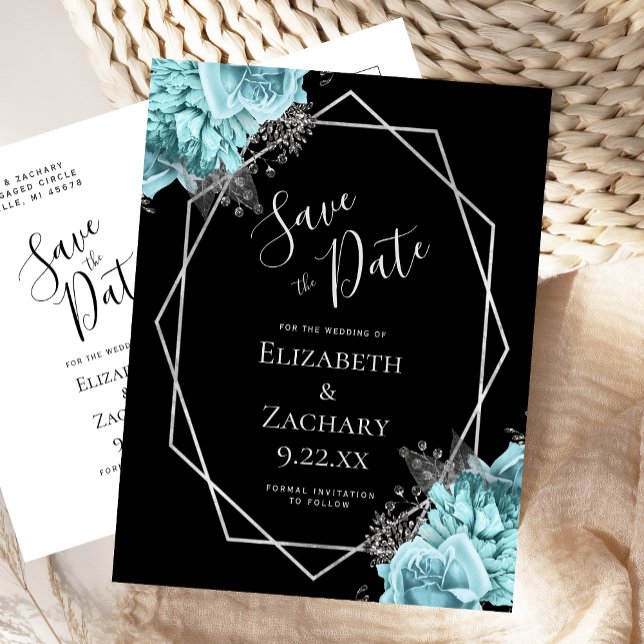 Aqua Floral Silver Geo Frame Black Save the Date Vykort (Skapare uppladdad)