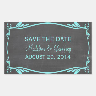 Aqua Flourish Chalkboard Save the Date Stickers Rektangulärt Klistermärke