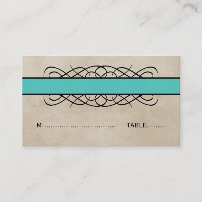 Aqua Flourish Gräns Bröllop Place Card Placeringskort (Framsida)