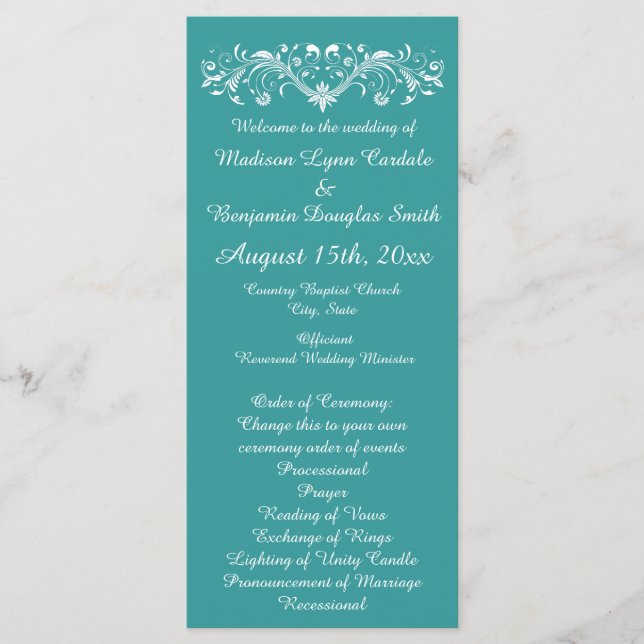 Aqua Flourish Teal Turcos Bröllopsprogram Program (Framsida)