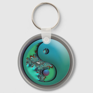 Aqua Fractal Silver Yin Yang Keychain Nyckelring
