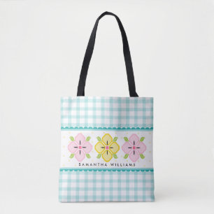 Aqua Gingham Blommig Monogram Tygkasse