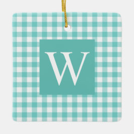 Aqua Gingham Check Initial Ceramic Ornament