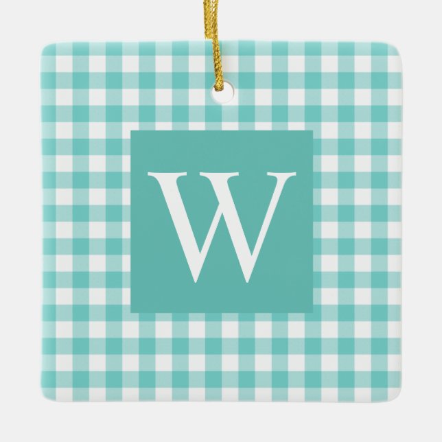 Aqua Gingham Check Initial Ceramic Ornament (Framsida)