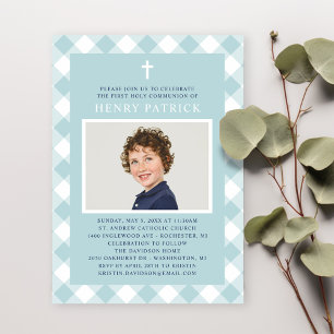 Aqua Gingham Plaid Första Kommunion Pojke Foto Inbjudningar