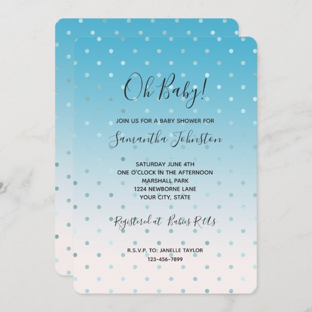 Aqua Glam Dots Ombre Baby Shower Inbjudningar (Fram/baksida)