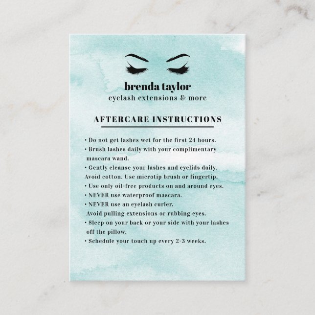 Aqua Glam Eyelash Browbar Aftercare Instruktioner Visitkort (Framsida)