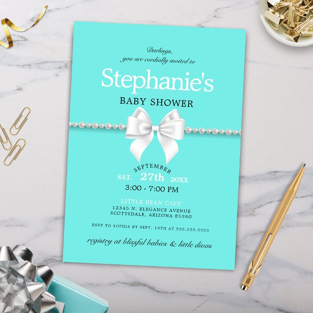 Aqua Glam Tiffany Baby Shower med enkel Elegant Inbjudningar (Elegant Teal Aqua Blue Girly Baby Shower Invitation with White Bow and Pearls)